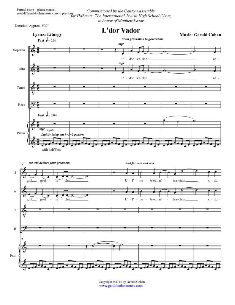 L’dor Vador (From generation to generation), for SATB chorus and piano